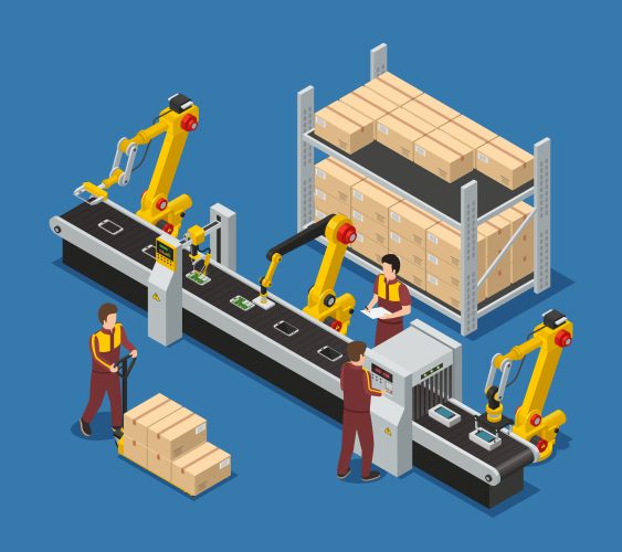 Electronics factory isometric composition with robotic conveyor line of touchscreen phones staff and package boxes vector illustration